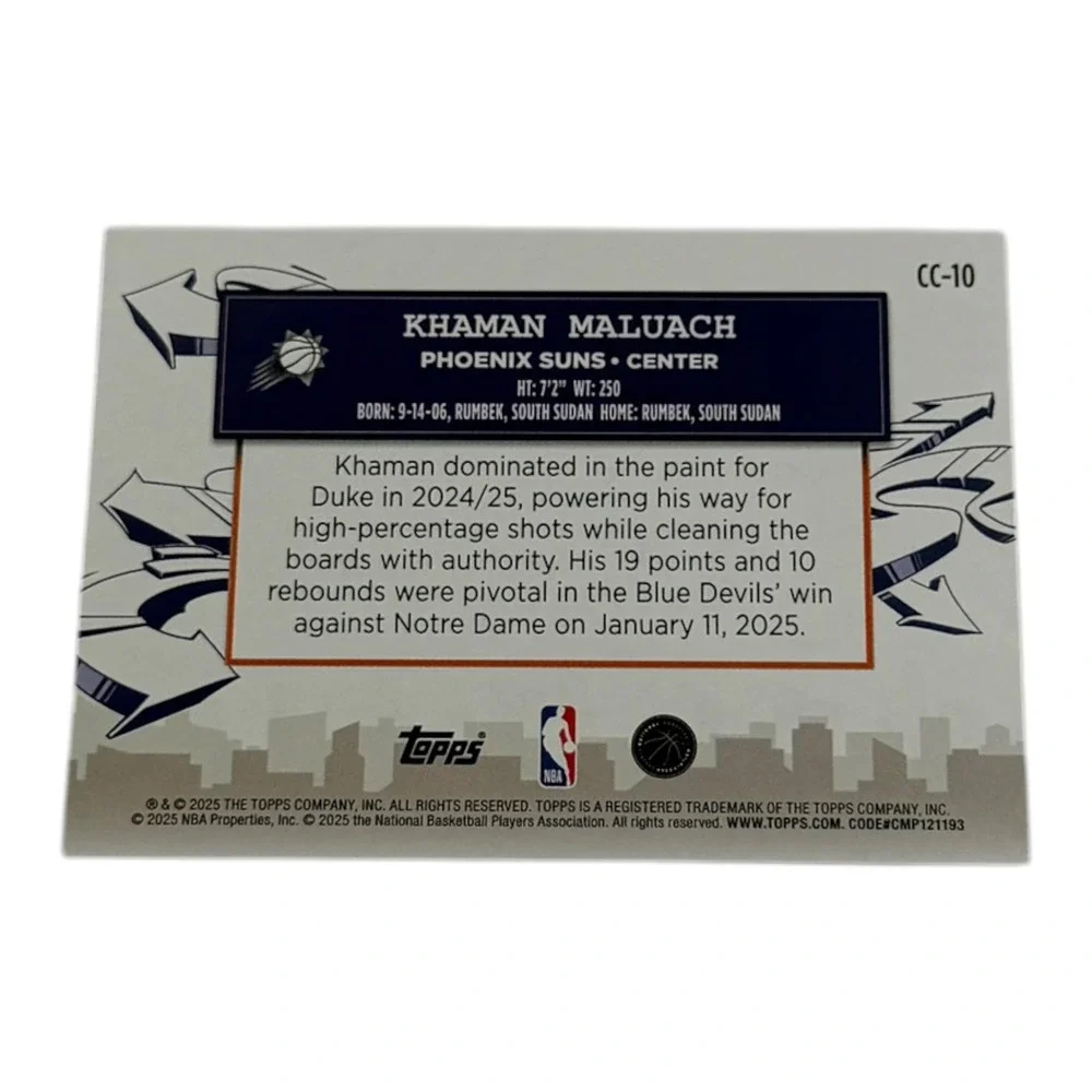2025 Topps Clutch City Prospects Khaman Maluach Phoenix Suns RC CC-10 Basketball